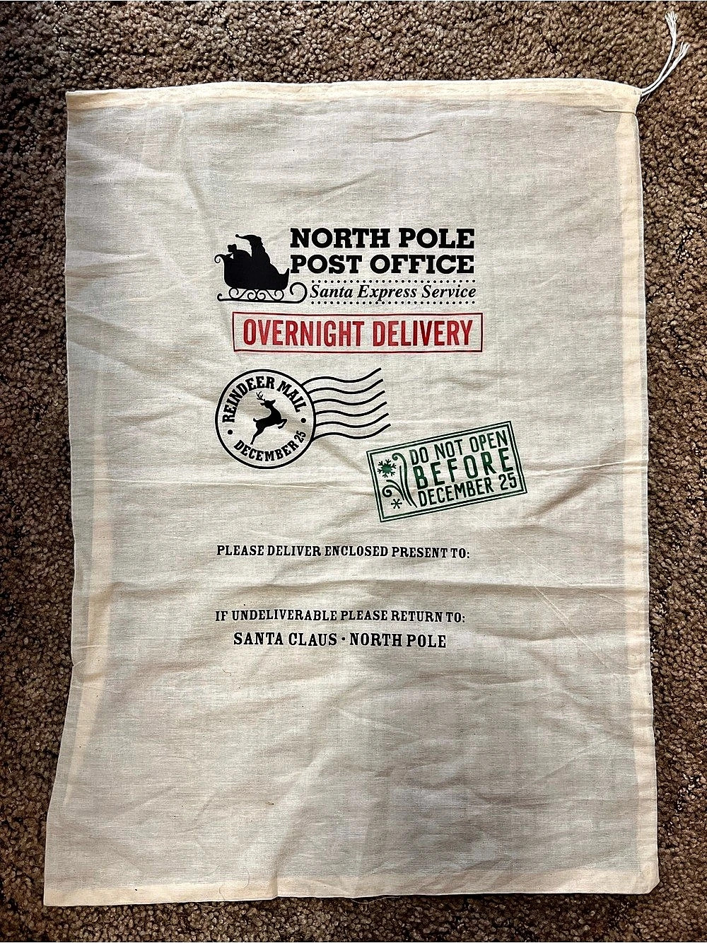 North Pole Post Office Santa Express Service Overnight Delivery sack